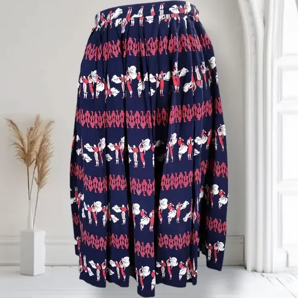 Vintage 50s Full Novelty Print Skirt Size XS Blue Silk Bullfighter Print